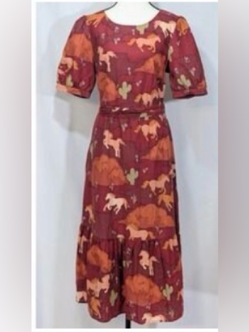 Princess Highway Rust Cream Horse Print Dress UK sz 10 US Sz Small Western GUC